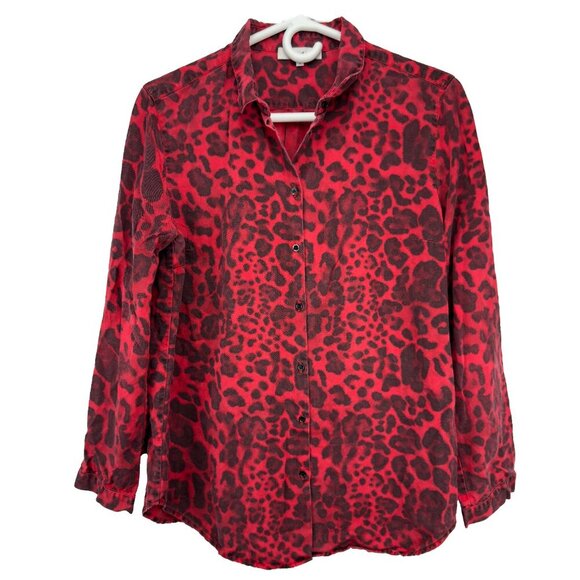 SANDRO French Red Leopard Print Buttoned Down Maximalist Animal Shirt sz 2 M - Picture 1 of 5